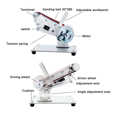 Heavy Duty Mini Belt Sander With 90 Degree Adjustable Head showing motor, sanding belt, and adjustable workbench for DIY projects.