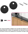 Close-up of anti-jump block and screws for External Carbon Steel Barn Door Sliding Rail Kit With Handle And Latch, Single Leaf, 63 Inch Track