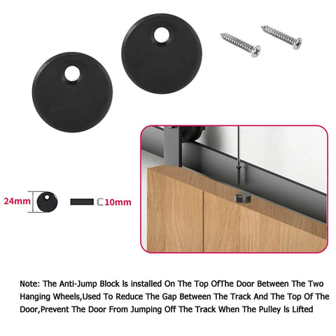 Close-up of anti-jump block and screws for External Carbon Steel Barn Door Sliding Rail Kit With Handle And Latch, Single Leaf, 63 Inch Track