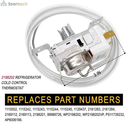 Easy Install Refrigerator Cold Control Thermostat Replacement For Whirlpool Kenmore Exact Fit No Fuss Fix For Your Fridge With Replaces WP2198202 2161284 2198201 PS11739232 AP6006166 shown with dimensions
