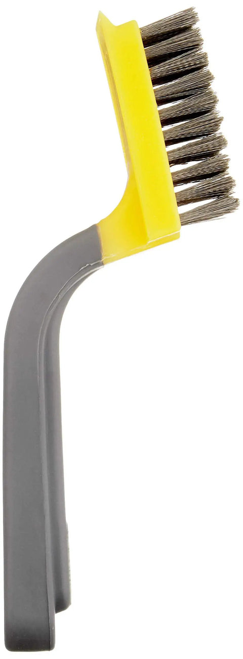 Wide Stainless Steel Wire Stripper Brush With Soft Grip Offset Handle And Plastic Scraper, side view
