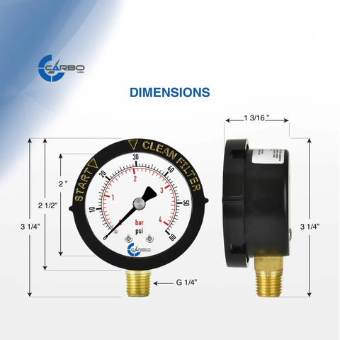 Water Pressure Gauge For Pool Filter Spa And Aquarium 60 PSI Brass Lower Connection Dual Display 1/4 Inch NPT Teflon Seal Easy Read Dial