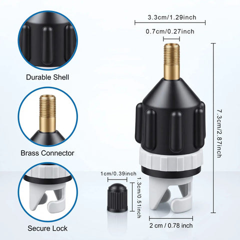 Inflatable Boat and Stand Up Paddle Board Pump Adapter Duo with brass connector and secure lock, high strength plastic