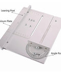Top Shelf Aluminum Router Table Insert Plate Featuring Dead Simple T Slot Rails For Quick Miniature Table Saw Panel Mounting And Zero Hassle Woodworking Bench Upgrades In Silver Medium with angle ruler and leaning post.