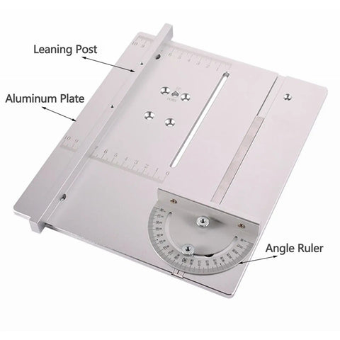 Top Shelf Aluminum Router Table Insert Plate Featuring Dead Simple T Slot Rails For Quick Miniature Table Saw Panel Mounting And Zero Hassle Woodworking Bench Upgrades In Silver Medium with angle ruler and leaning post.
