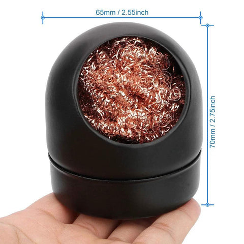 Soldering tip cleaner with copper wire cleaning coil inside a black plastic holder