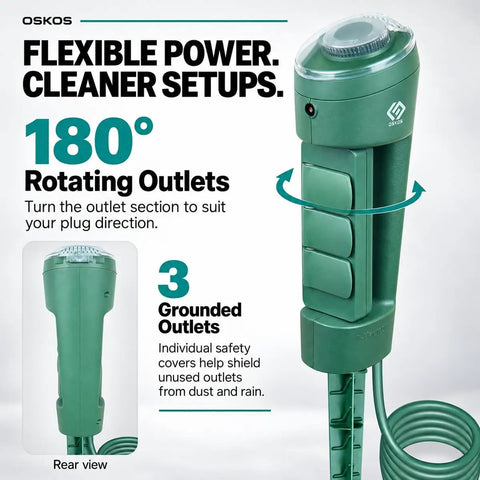 Top Tier Outdoor Power Stake With Three Grounded Outlets And 180 Degree Rotating Head crafted for lawn glow, showcasing 3 outlets and a green design.
