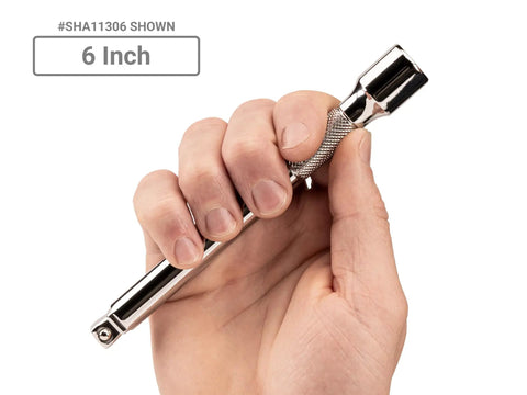 Hand holding 6 Inch Three Eighths Inch Drive Wobble Extension Set With Three Six And Ten Inch Extensions For Angled Or Straight Use Double Taper