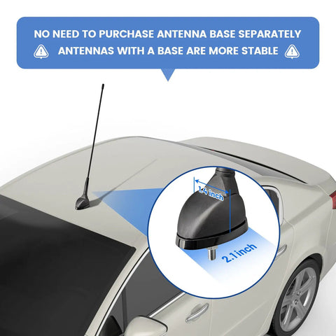 16 Inch AM FM Universal Top And Side Mount Antenna installed on car roof with base and dimensions detail inset