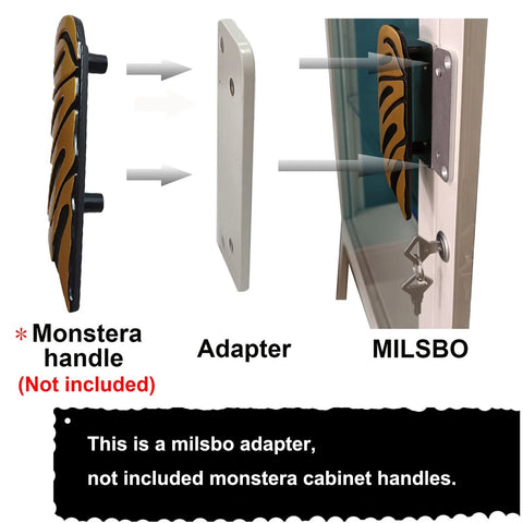 2-Piece Cabinet Handle Adapter Set For Milsbo Greenhouse Cabinets, aluminum adapter showing installation with Monstera handles and Milsbo frame