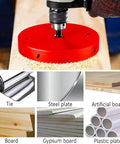 5.5-inch bi-metal hole saw attached to a drill, cutting wood on a workbench