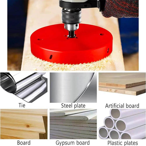 5.5-inch bi-metal hole saw attached to a drill, cutting wood on a workbench