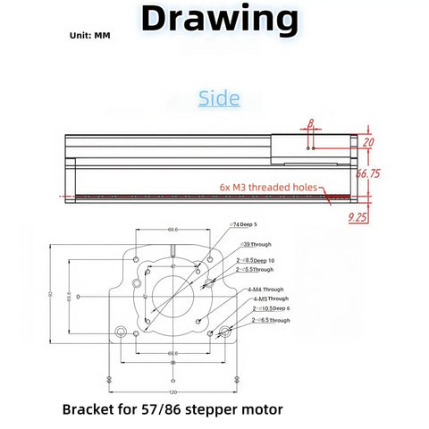 Technical drawing of bracket for 57/86 stepper motor in Heavy Duty Built Tough 8 Inch Linear Slide Table With 200mm Stroke And 1605 Ball Screw