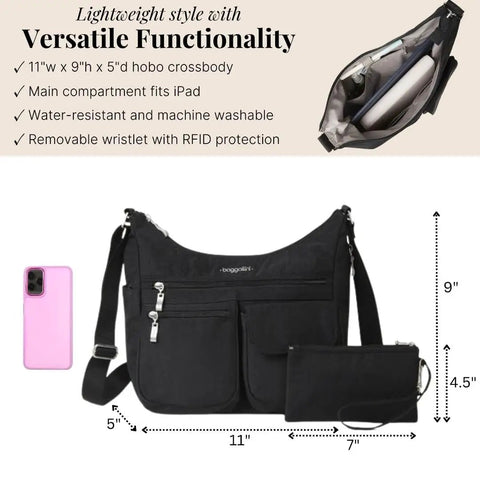 Everywhere Bagg Hobo Crossbody Bag With RFID Wristlet For Women, water-resistant, black nylon bag with pockets and wristlet