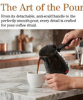Go To Turkish Coffee Maker 600Ml Electric Pot With Even Heating Removable Anti Scald Handle Spill Proof Pour Spout pouring coffee into a cup