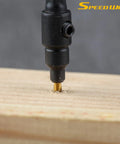Smooth Operator Countersink Drill Bit Set For Woodworking with tapered gold drill bit in wood, showing precise drilling detail.