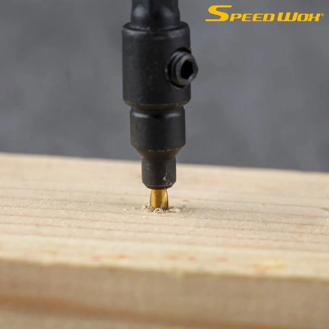 Smooth Operator Countersink Drill Bit Set For Woodworking with tapered gold drill bit in wood, showing precise drilling detail.