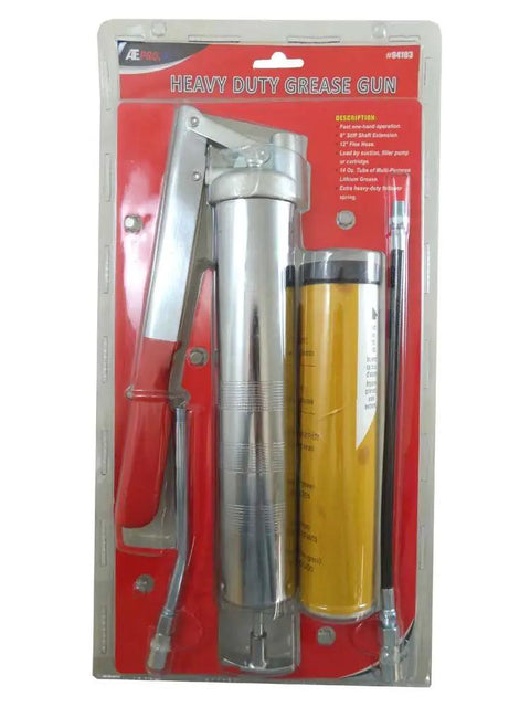 Heavy Duty 15 Inch Grease Gun With 12 Inch Flex Hose Includes 14 Oz Lithium Grease Tube Three Filling Options Durable Follower Spring