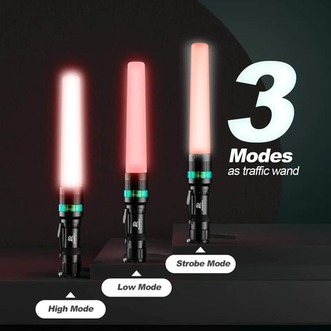 Three 11-inch LED traffic wands in high, low, and strobe modes, part of 4 Pack 11 Inch LED Traffic Wand Baton With Orange Safety Cone.