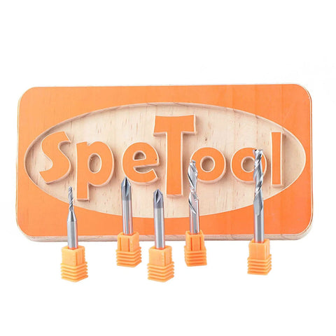 5 Pcs CNC Router Bit Set With Up Cut And Down Cut V Groove Bits For Woodworking, five bits displayed with orange caps