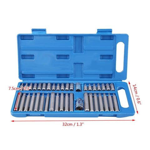 Top Notch 40 Pc Hex Star Torx Spline Bit Set With 1/2 And 3/8 Inch Drive Crank Tool Kit Built From Durable Alloy Steel For Heavy Duty Jobs Fast Bit Swaps And Handy Blow Molded Case Storage, blue case open