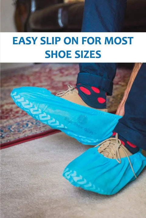 Blue Disposable Boot Covers Premium Pack 100 Non Slip Shoe Protectors for Indoor and Outdoor Use on shoes on carpet