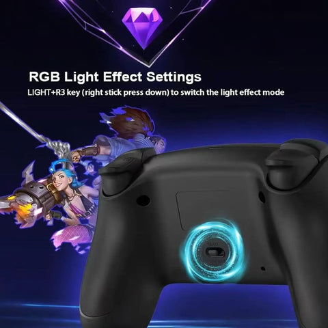 Back view of wireless PS5 controller showing RGB light effect settings; Wireless PS5 Controller For PS5 And PC With Bluetooth Plug And Play Rechargeable 1500mAh Battery Dual Vibration Motion Sensor Turbo Button Hall Effect Triggers Replacement Gamepad For PS5 Pro Slim.