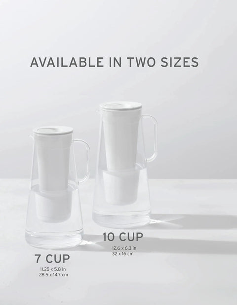 Two Water Filter Pitcher BPA Free Wisteria models, 10-cup and 7-cup, for safe drinking water, reduces bacteria and chemicals.