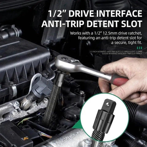 Half Inch Flexible Shaft Extension For Torque Socket And Ratchet, Bendable Accessory inserted in car engine, close-up view