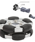 60mm aluminum robot omni wheel with black rubber rollers around a silver hub, front view