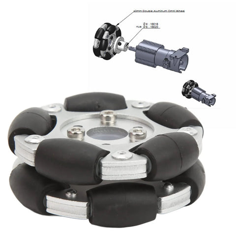60mm aluminum robot omni wheel with black rubber rollers around a silver hub, front view