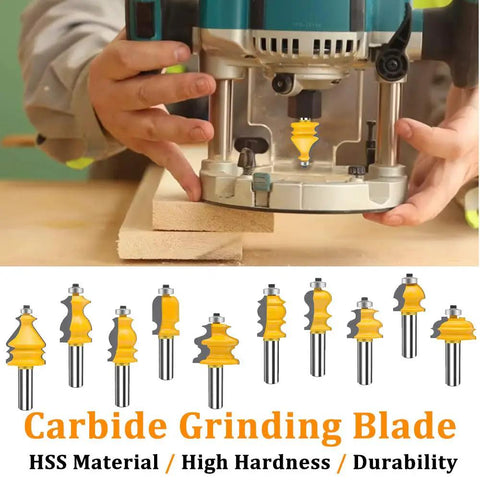 Half Inch Shank Router Bit Set Ten Pieces For Picture Frame Molding And Architectural Forming Woodworking CNC Cutting Bits Carbide Miter Tool Top Notch For Doors Cabinets Drawers showcased with woodworking router.