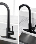 Slick Black Stainless Steel Faucet Cover Plate Three Hole Sink Escutcheon mounted on sleek kitchen sink and faucet.