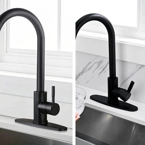 Slick Black Stainless Steel Faucet Cover Plate Three Hole Sink Escutcheon mounted on sleek kitchen sink and faucet.