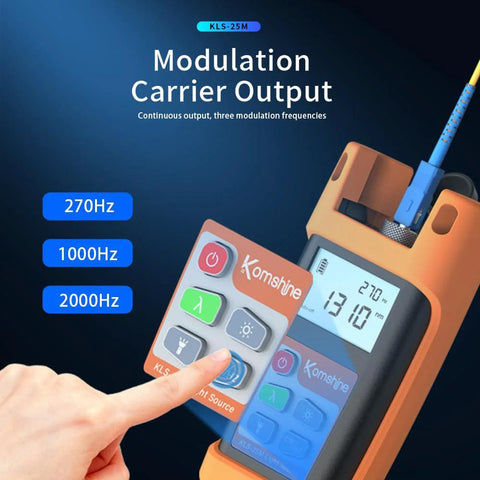 Front view of Komshine KLT-12E optical fiber tester, orange handheld unit with display and blue fiber cable