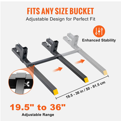 Diagram of Workhorse Clamp On Pallet Forks For Tractors And Skid Steers, 2000 lbs capacity, 19.5 to 36 inch adjustable stabilizer bar