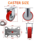 Beefy Four Inch Caster Wheel Set With Two Locking Brakes And Two Rigid Rollers Tough Steel Frame, 4" wheel size diagram.