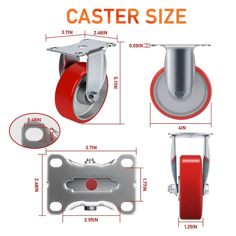 Beefy Four Inch Caster Wheel Set With Two Locking Brakes And Two Rigid Rollers Tough Steel Frame, 4" wheel size diagram.