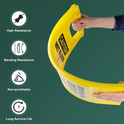 Person holding flexible Yellow Caution Wet Floor Sign demonstrating resistance; part of Six Pack 24 Inch Yellow Caution Wet Floor Signs