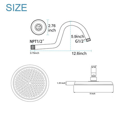 Diagram showing dimensions of 9 Inch Round Matte Black Antique Rain Shower Head Replacement With Swivel Ball Stainless Steel Wall Mount.