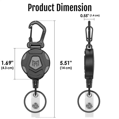 Two Pack Retractable Keychains With Heavy Duty Carabiner Badge Holder And Tactical ID Reel, product dimensions shown