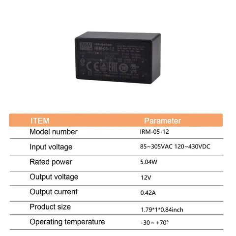 Rock Solid Industrial Grade AC-DC Power Module 5W 12V 0.42A Wide Input 85-305VAC UL Certified with specifications table