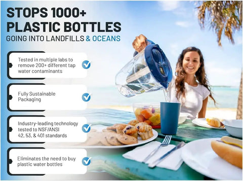 Woman pouring water from a pitcher with Pure Replacement Filter For Water Pitcher That Removes Fluoride Lead Forever Chemicals Heavy Metals And Industrial Pollutants Delivers Clean Great Tasting Water 100 Gallon Capacity Easy Swap, beachside setting.