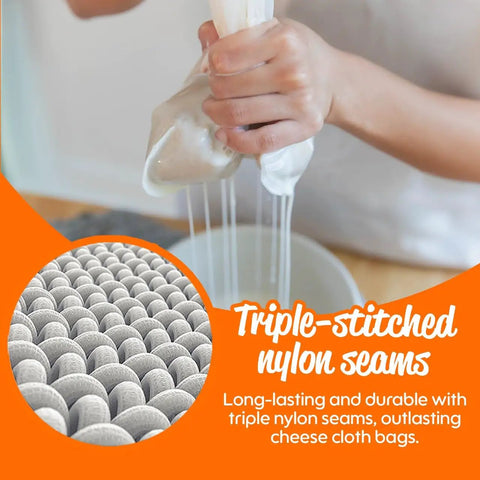Person using Nut Milk Bag Extra Large Heavy Duty Strainer For Commercial Food Grade Nylon Mesh Reusable Cheesecloth Fine Mesh For Almond Milk Juicing And Cheese Making