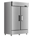 Heavy Duty Two Door Reach In Commercial Freezer 49 Cu Ft Stainless Steel Upright Deep Freeze with two doors and wheels.