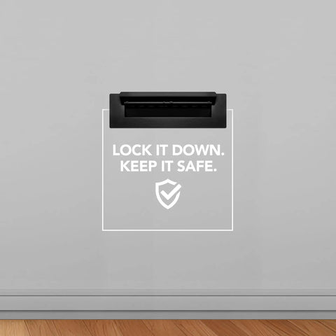 Through-The-Wall Drop Box Deposit Safe With Lock, Built-To-Last Beefy Heavy-Duty Steel Mailbox For Receiving Mail Checks Cash And More Ideal For Home Office Or Commercial Use 17 By 13 By 7 Inches Black shown on wall with secure message.