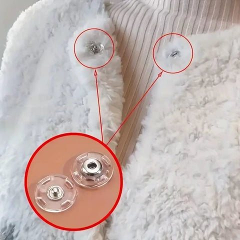 Ultra Clear Invisible Snap Buttons Straight Up Hidden Fasteners on white knitwear for discreet closure and support.