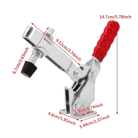 500 Pound Heavy Duty Vertical Toggle Clamp with red handle, steel build, for secure heavy-duty metalworking applications.