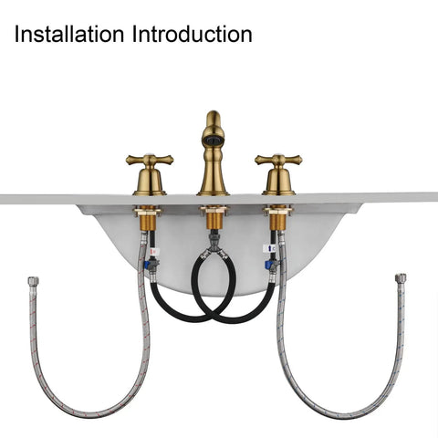 Brushed Gold Widespread Bathroom Faucet 8 Inch 3 Hole With Two Cross Handle Knobs And Drain For Vanity Sink Tap underside view