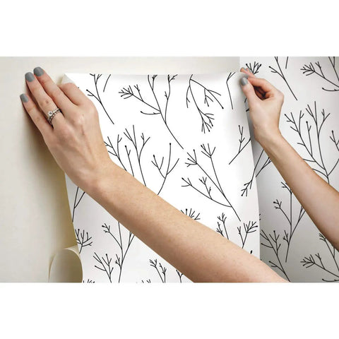 Installing Black and White Twigs Peel and Stick Wallpaper, Easy No Mess Removable Wall Covering for Renters and Homeowners.